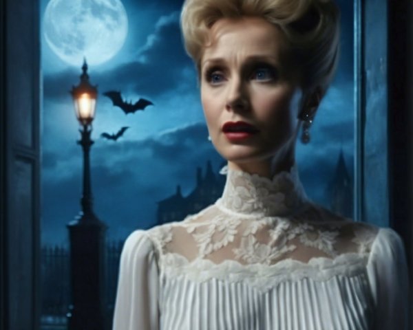 Woman in vintage white dress under full moonlight