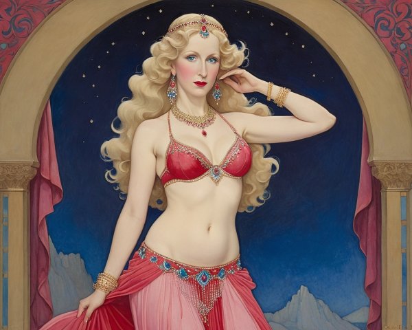 Glamorous Woman in Red and Gold Outfit Against Stars