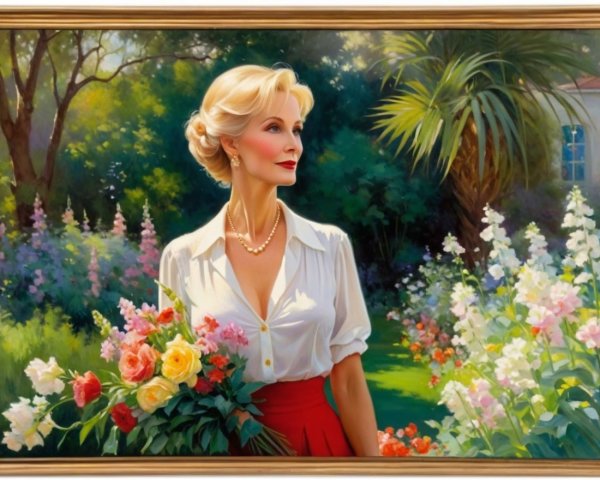 Elegant woman in garden with roses and sunlight