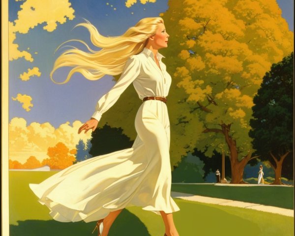 Woman in White Dress Strolling Through Autumn Park