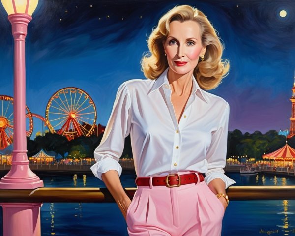 Glamorous Woman by Waterfront at Night with Lights