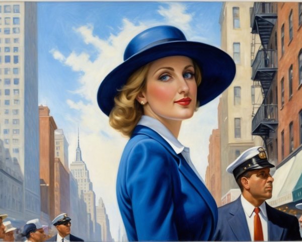 Glamorous Woman in Blue Hat on Busy City Street