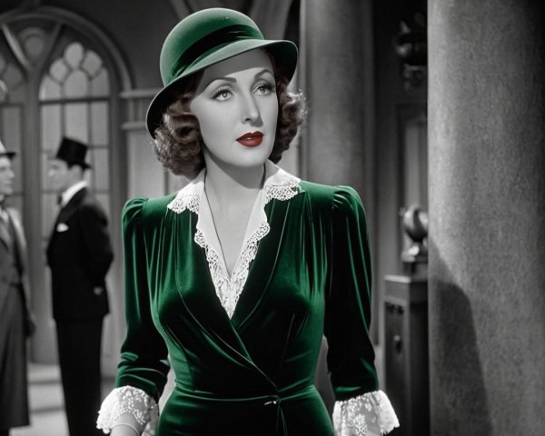 Glamorous Woman in Green Velvet Dress in Vintage Scene