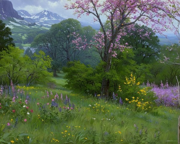 Vibrant Landscape with Wildflowers and Mountains