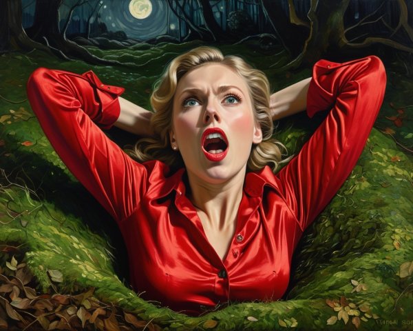 Woman in Red Shirt in Dark Forest with Moonlight