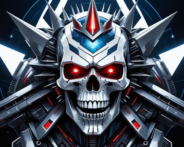Futuristic Metallic Skull with Crown and Red Eyes