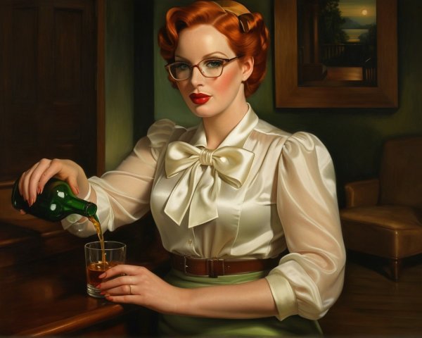 Vintage Elegance: Woman with Red Hair Pours Drink