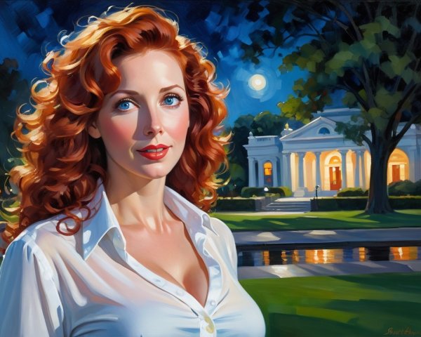 Oil Painting of a Red-Haired Woman and Mansion Scene
