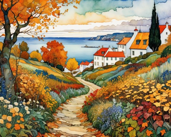 Autumn Landscape with Stone Path and Coastal View