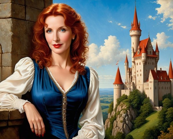 Elegant Woman in Royal Blue Gown by Castle Archway