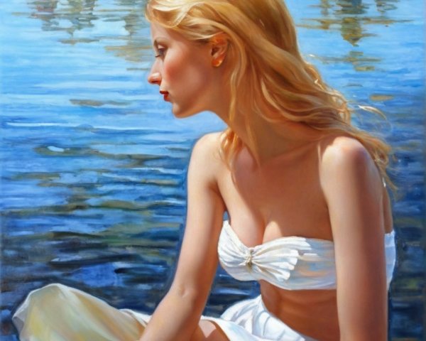 Profile of a Woman by Tranquil Water with Boats