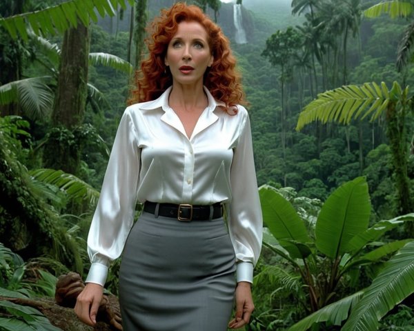 Woman in jungle with red hair and elegant attire