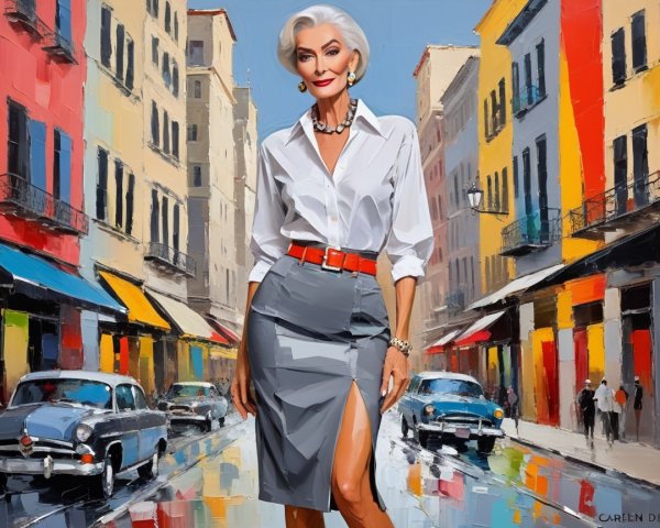Fashionable Woman in Urban Setting with Colorful Backdrop