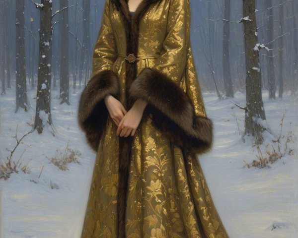Woman in gold gown in snowy forest setting