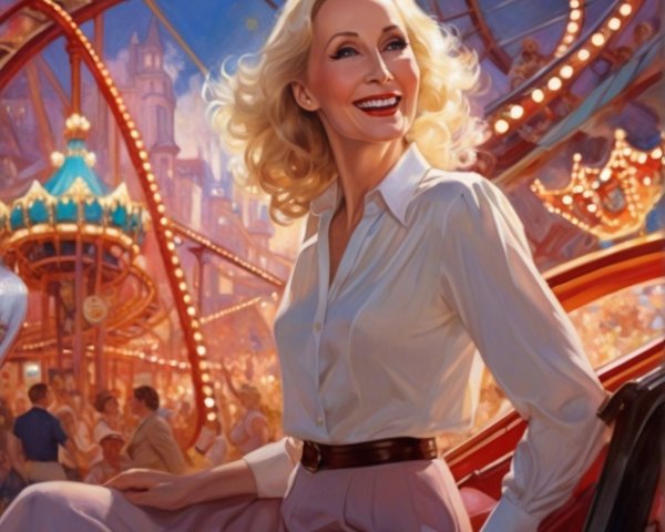 Glamorous Woman at Colorful Amusement Park Scene