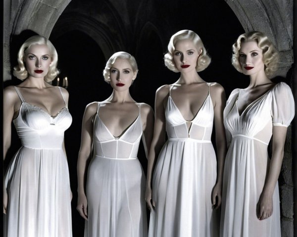 Glamorous Women in White Dresses in Gothic Setting