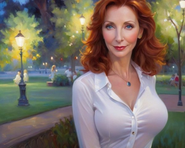 Detailed Oil Painting of Woman in Dusk Park Setting