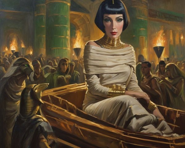 Regal Woman in Gold-Lined Boat Surrounded by Onlookers