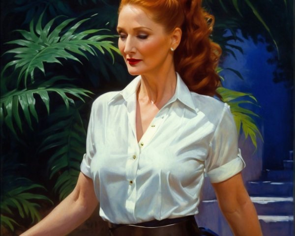 Woman with Red Hair in Tropical Greenery Setting