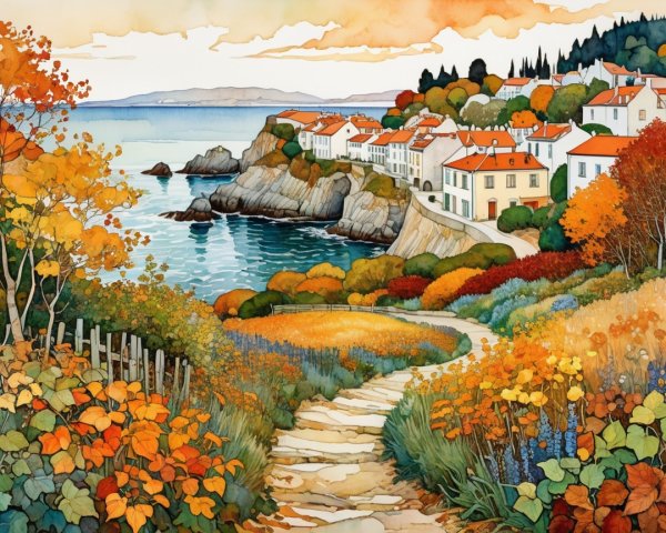Coastal Village with Red Roofs and Autumn Foliage