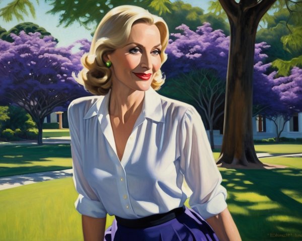 Glamorous Woman Outdoors in White Blouse and Purple Skirt