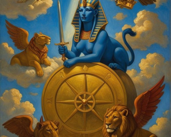 Wheel of Fortune Scene with Sphinx and Regal Creatures