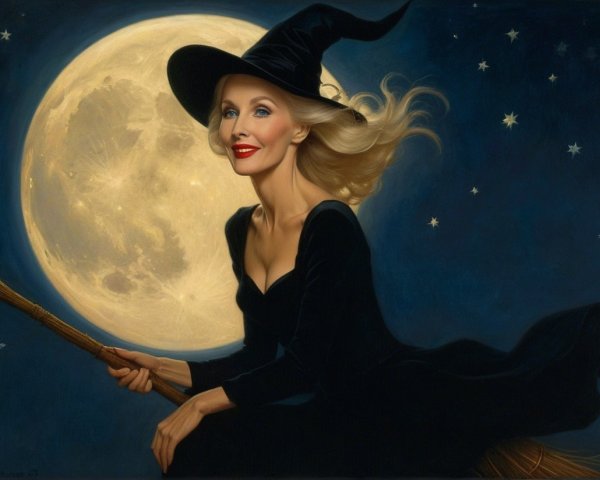Glamorous Witch Flying on Broomstick Under Full Moon
