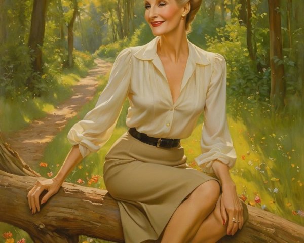 Woman in elegant attire seated on a log in forest