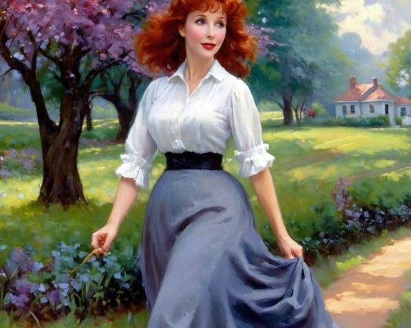 Woman in white blouse walks on a picturesque pathway