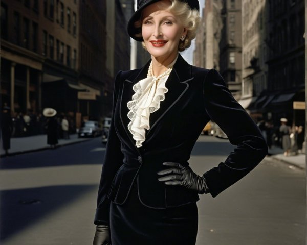 Fashionable Woman in Elegant Black Velvet Suit on Street