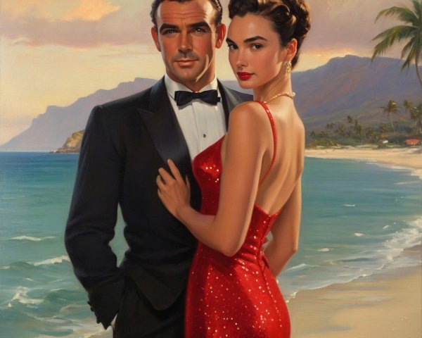 Glamorous Couple on Beach at Sunset with Mountains