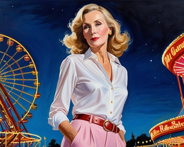 Glamorous Woman at Vibrant Carnival with Ferris Wheel