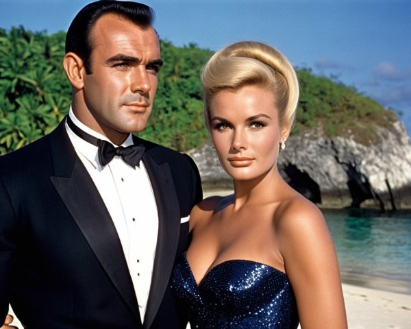 Stylish Couple on Beach with Ocean and Greenery Background