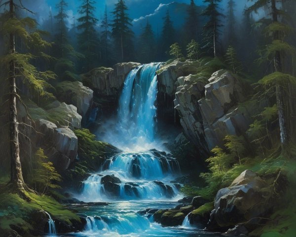 Serene Waterfall Surrounded by Lush Trees and Moonlight