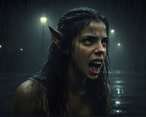 Mythical Creature in Dark, Rain-Soaked Setting