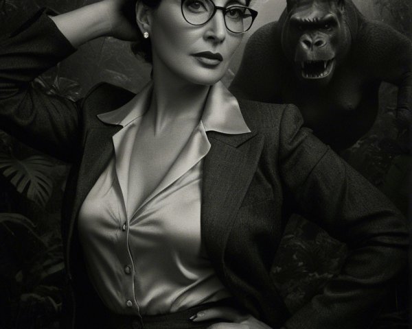 Stylish Woman in Suit with Jungle and Gorilla Background