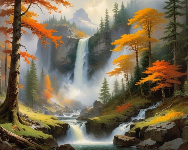 Majestic Waterfall in Autumn Landscape Serenity