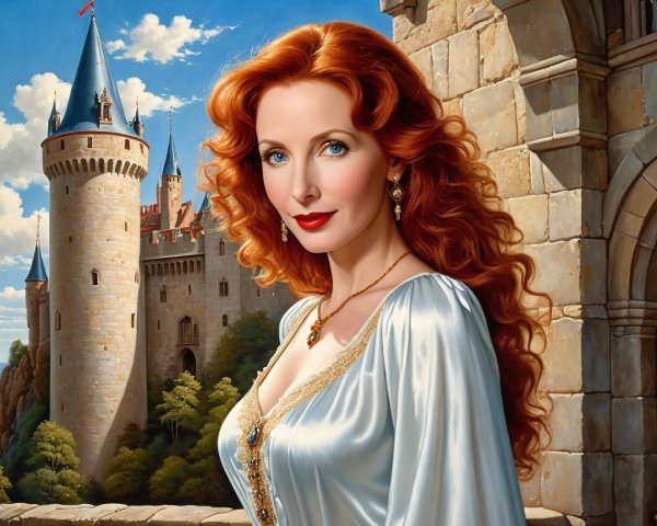 Woman in blue gown before a majestic castle backdrop