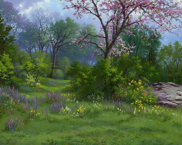 Lush Meadow with Vibrant Wildflowers and Majestic Tree