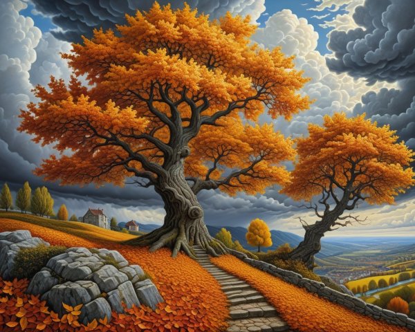 Autumn Landscape with Trees, Farmhouse, and Clouds