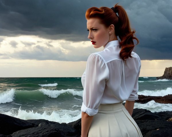 Woman with red hair on rocky shore under dark clouds