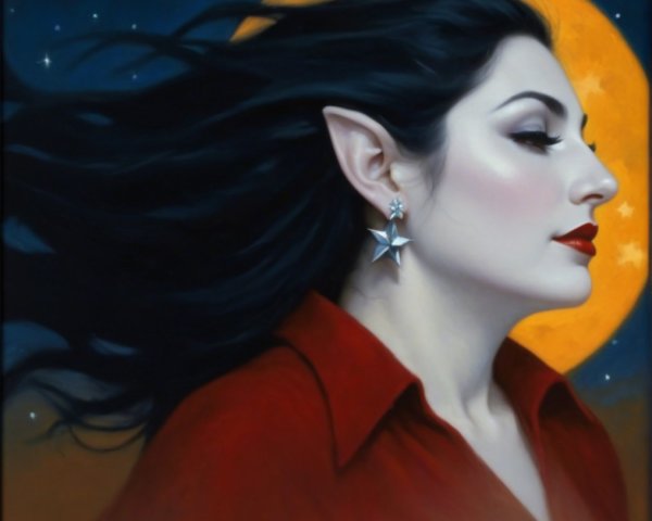 Portrait of a woman with black hair and moonlit backdrop