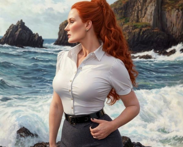 Woman with Red Hair by the Sea in Professional Attire
