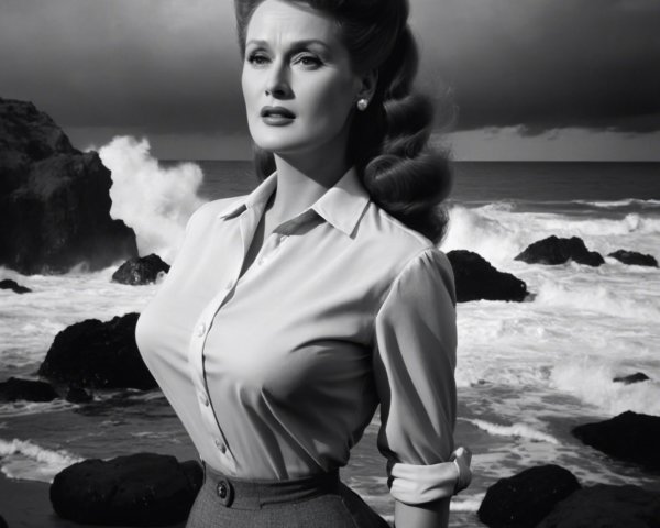 Glamorous Woman on Rocky Coastline in Black and White