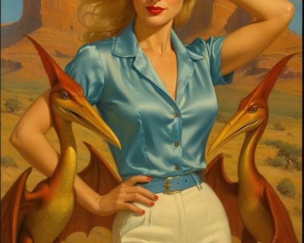 Glamorous Woman in Desert with Colorful Pterosaurs