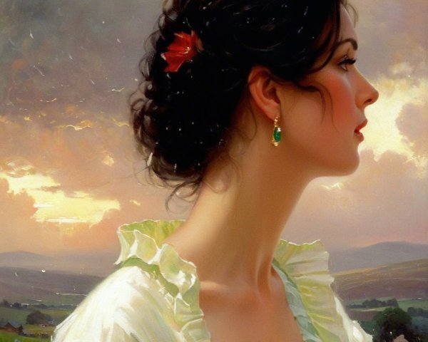 Serene Portrait of a Woman with Dramatic Sky Background