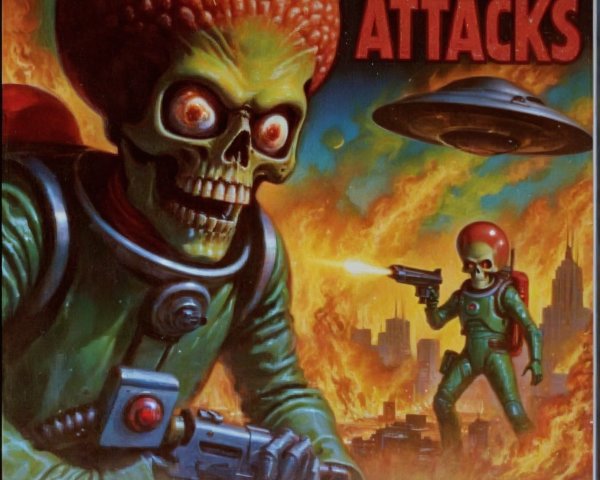 Retro Illustration of Mars Attacks with Aliens and UFOs