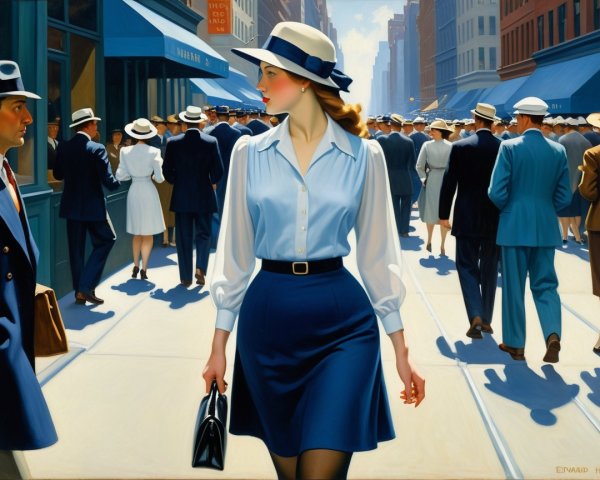Chic Woman in Vintage City Street Scene with Crowds