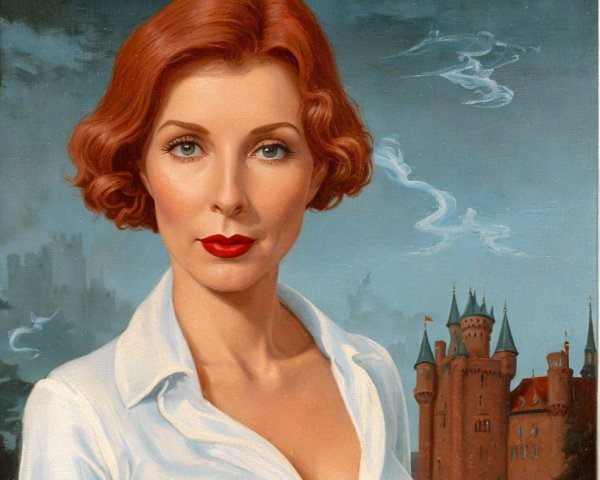 Portrait of a Woman with Red Hair and Castle Background