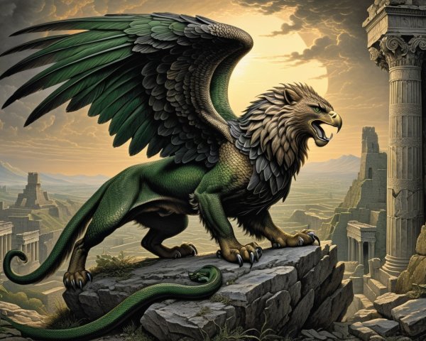 Griffin on Ancient Ruins at Golden Sunset